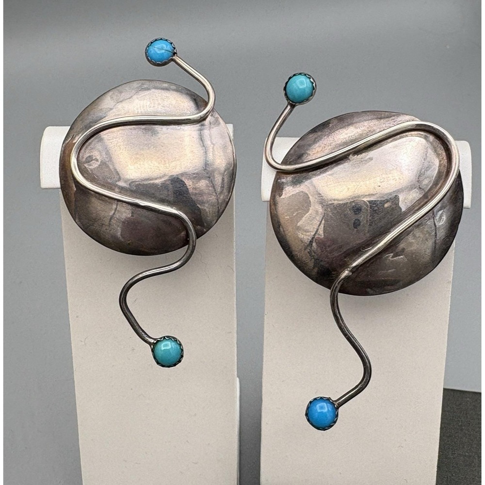 Vintage M.E. Friedman Clip On Earrings Sterling Silver Modernist Turquoise